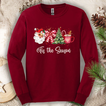 Cardinal Red Gildan long sleeve tee with retro Santa, tree, ribbon, cocoa, and "'Tis the Season" text.