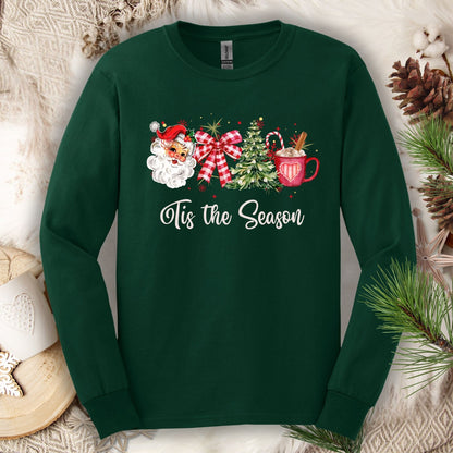 Forest Green long sleeve tee with retro Santa, tree, ribbon, cocoa, and "'Tis the Season" text.