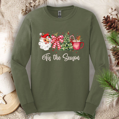Military Green long sleeve tee with retro Santa, tree, red ribbon, cocoa, and "'Tis the Season" text.
