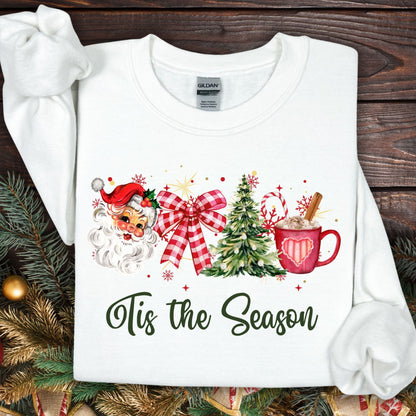 White Gildan sweatshirt with retro 1950s Santa, red bow, Christmas tree, and hot cocoa design.