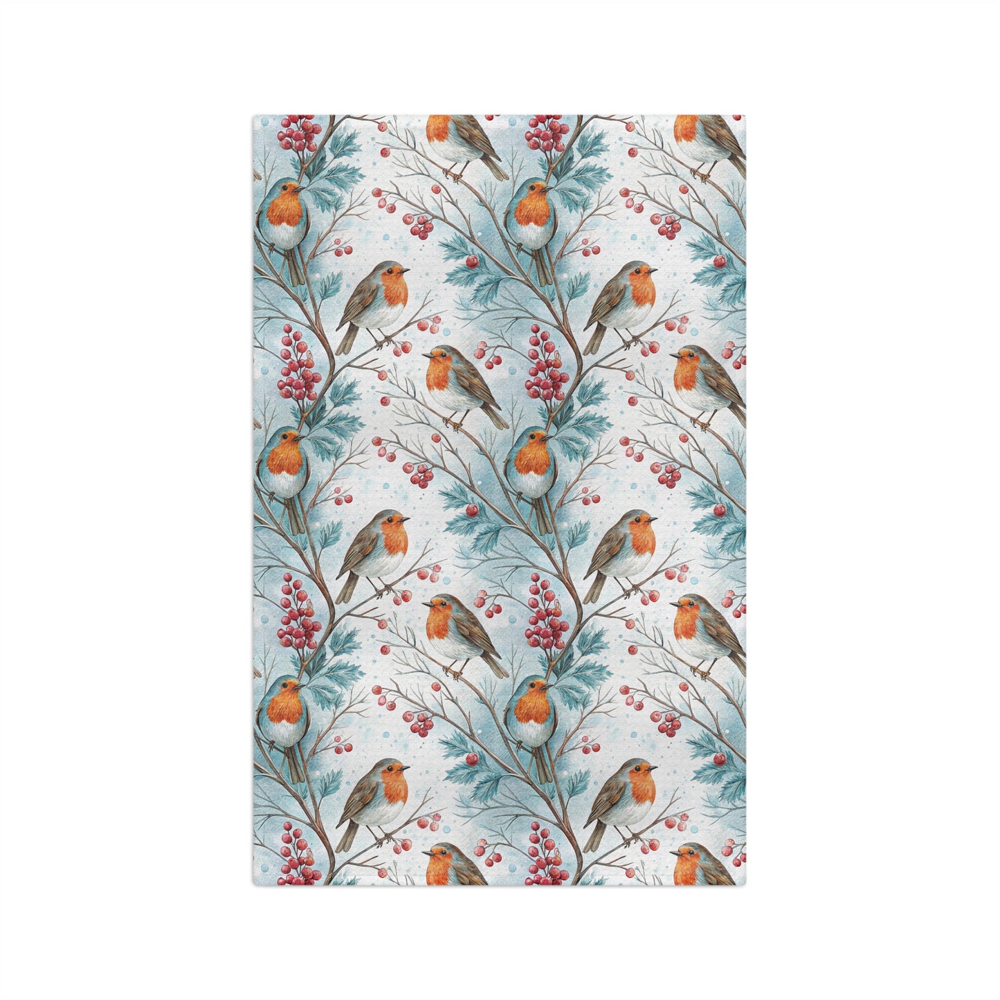 Microfiber tea towel with a watercolor pattern of robins on holly branches with red berries.
