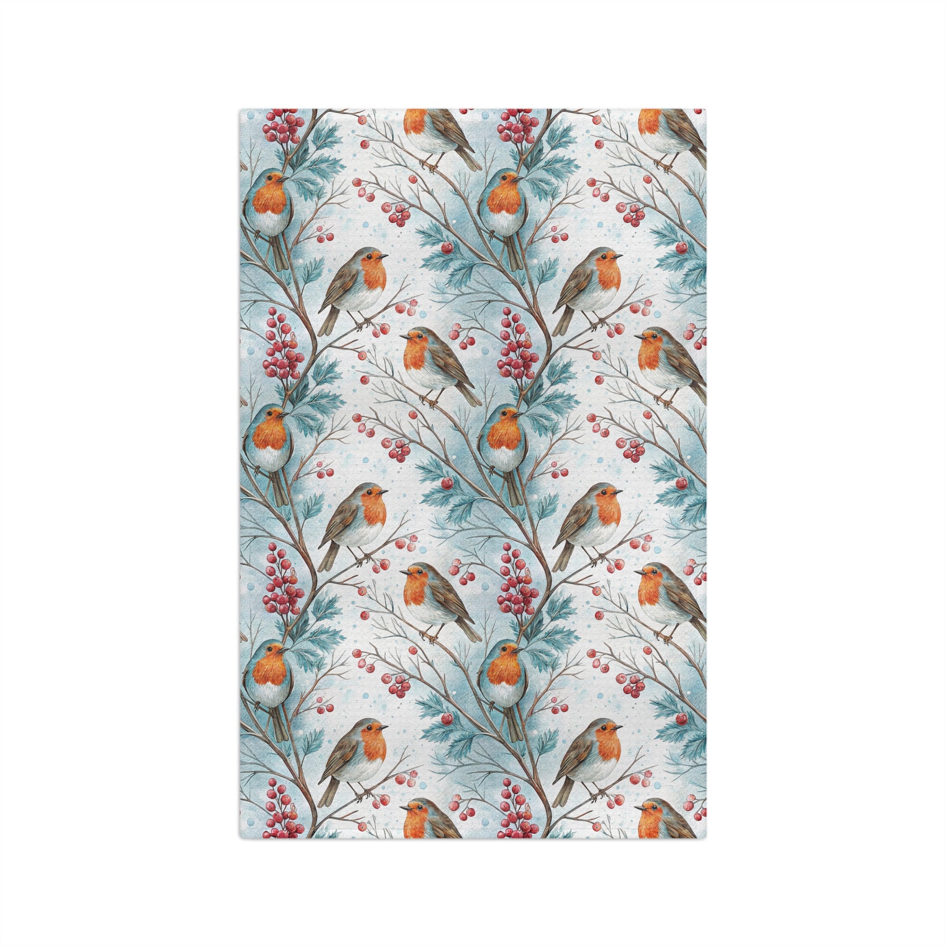 Microfiber tea towel with a watercolor pattern of robins on holly branches with red berries.
