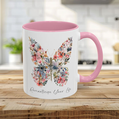 11oz white ceramic mug with a pink interior/handle and a watercolor floral butterfly design.