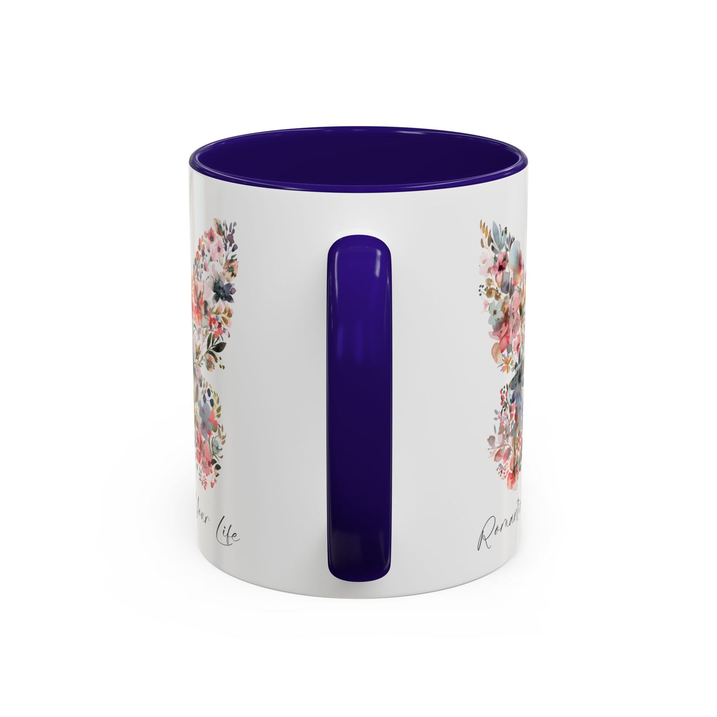 White ceramic mug with a purple handle and interior, featuring a watercolor butterfly design.