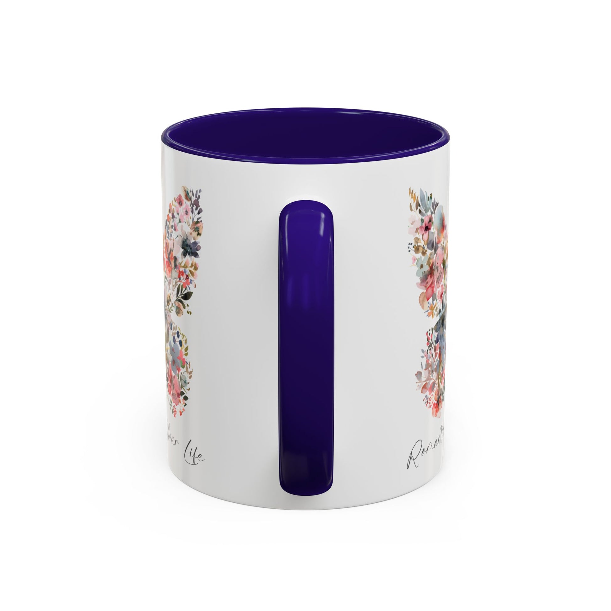 White ceramic mug with a purple handle and interior, featuring a watercolor butterfly design.