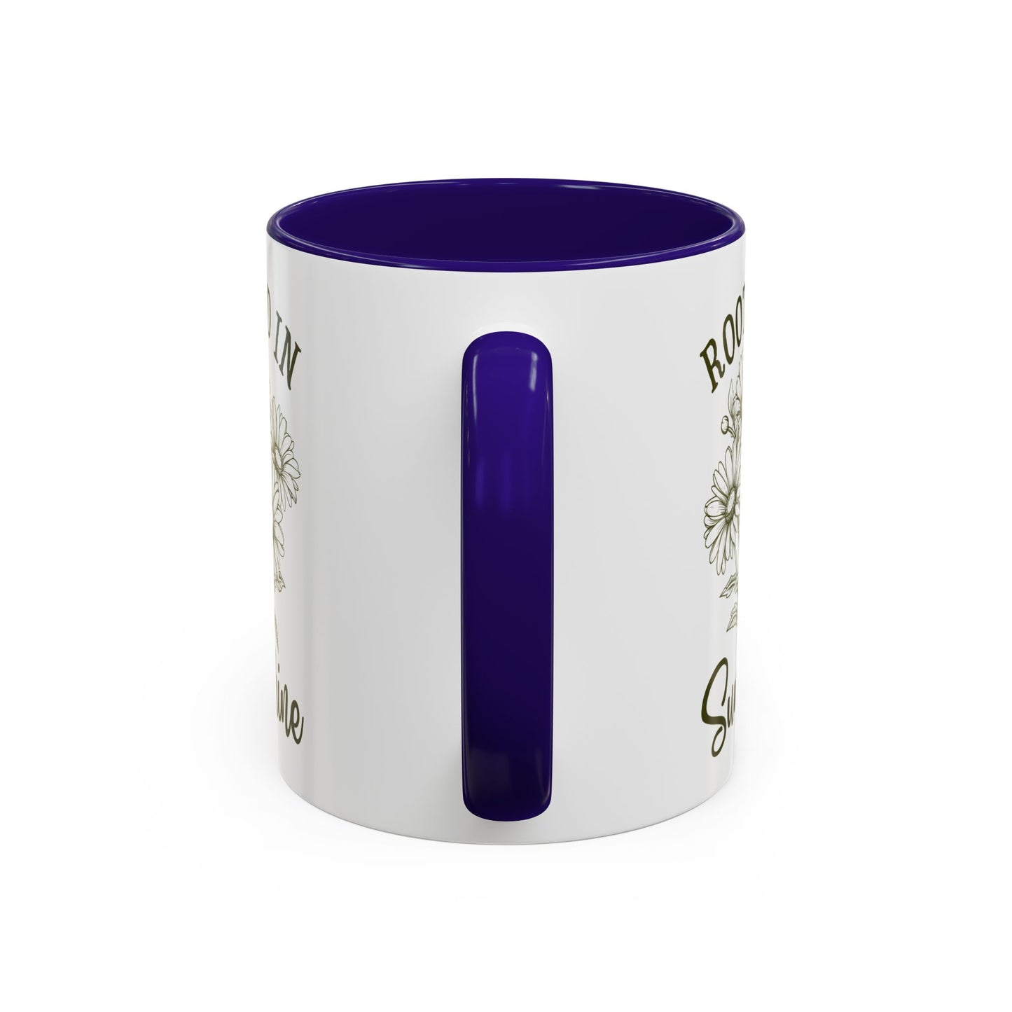 White ceramic mug with "Rooted in Sunshine" text, hand-drawn daisies, and a vibrant purple interior and handle.