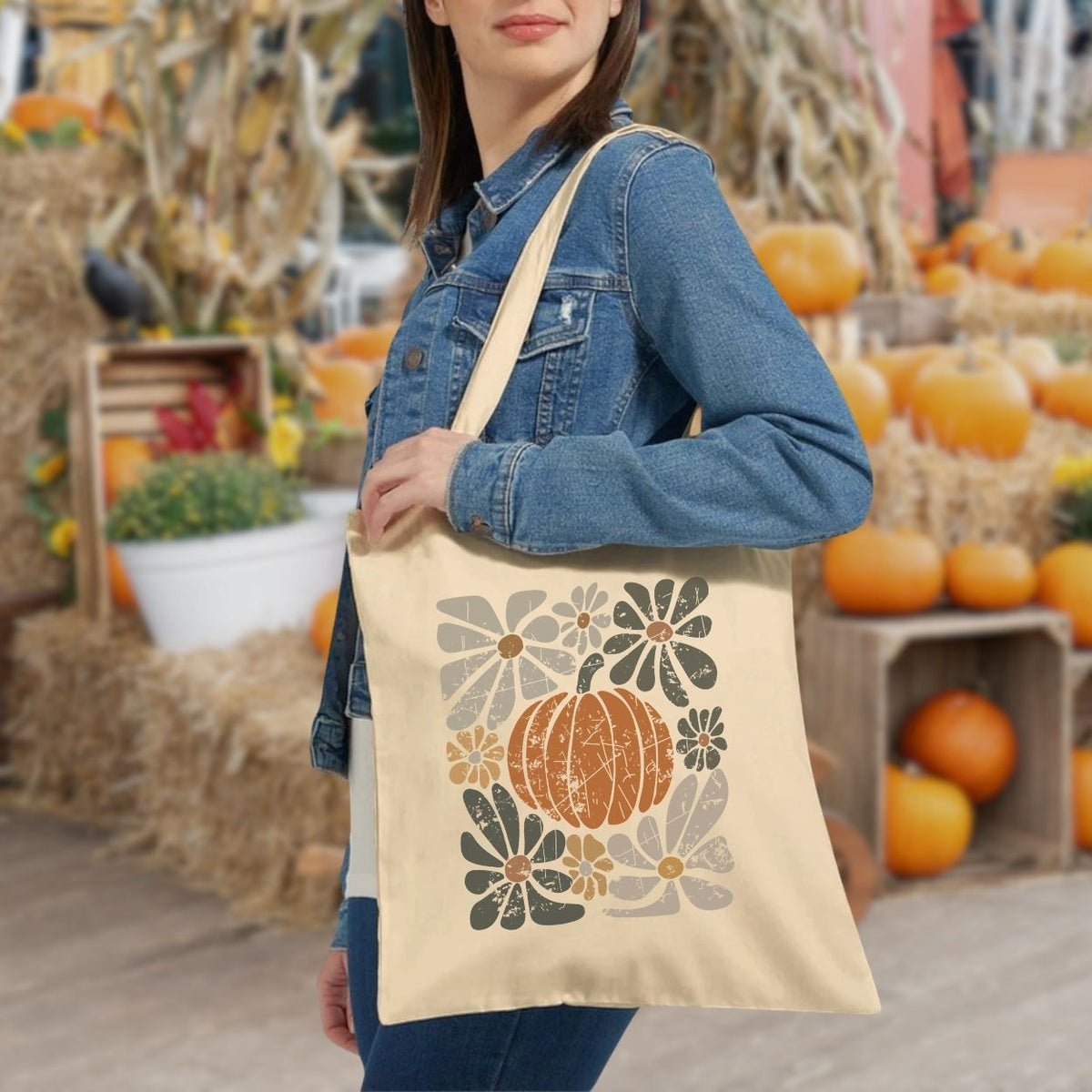 Rustic Autumn Floral Pumpkin Tote Bag