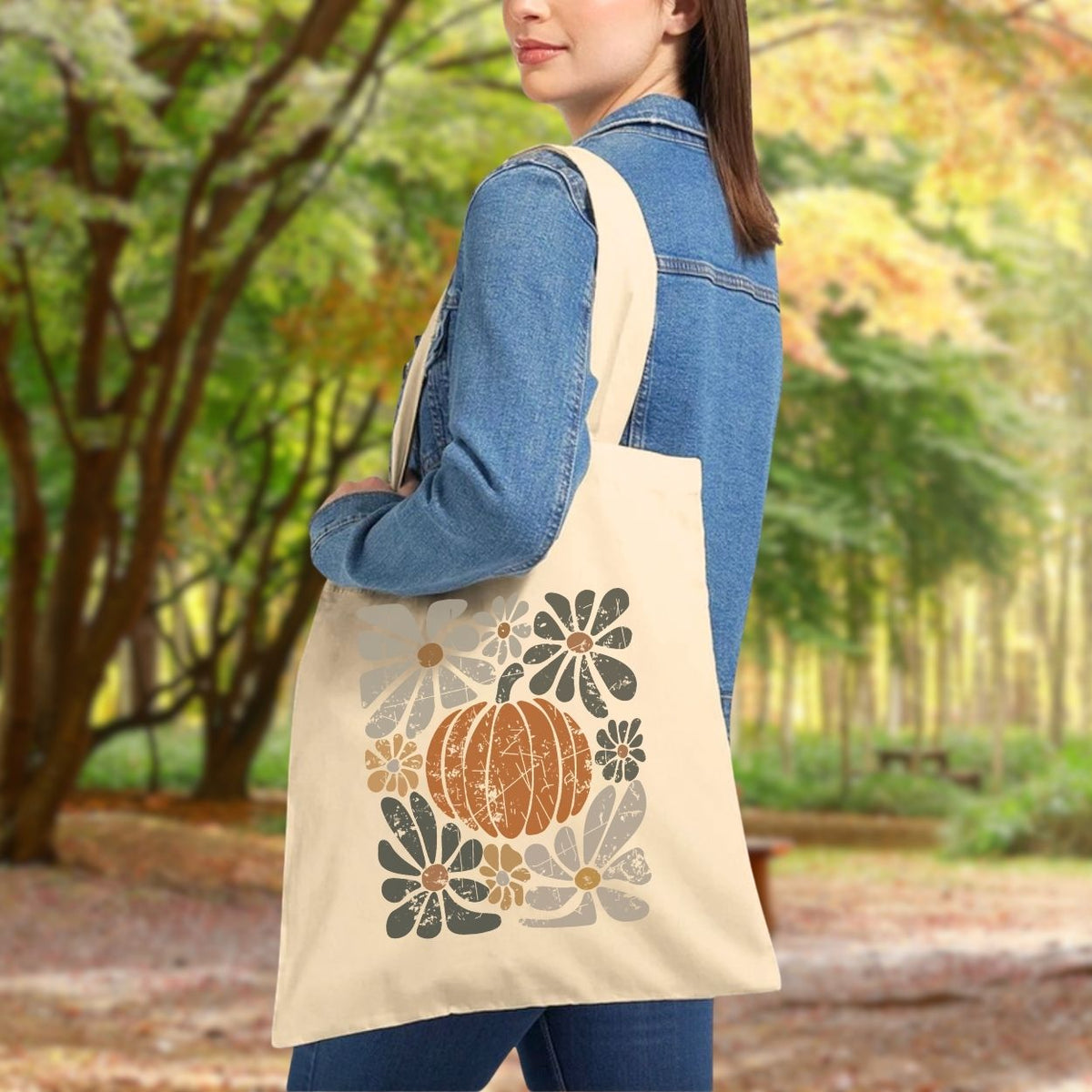 Rustic Autumn Floral Pumpkin Tote Bag