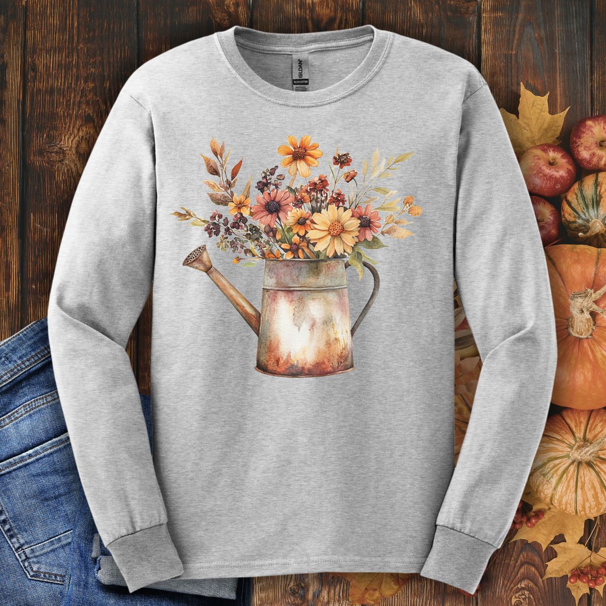 Rustic Autumn Floral Watering Can Long Sleeve Tee