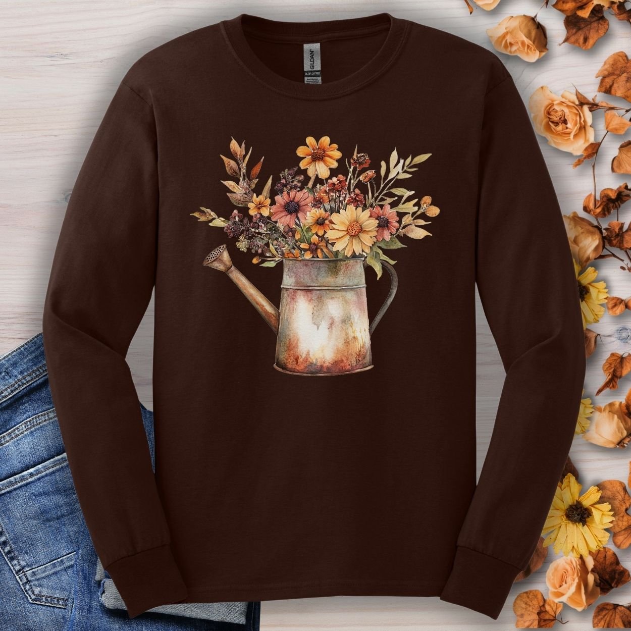 Rustic Autumn Floral Watering Can Long Sleeve Tee
