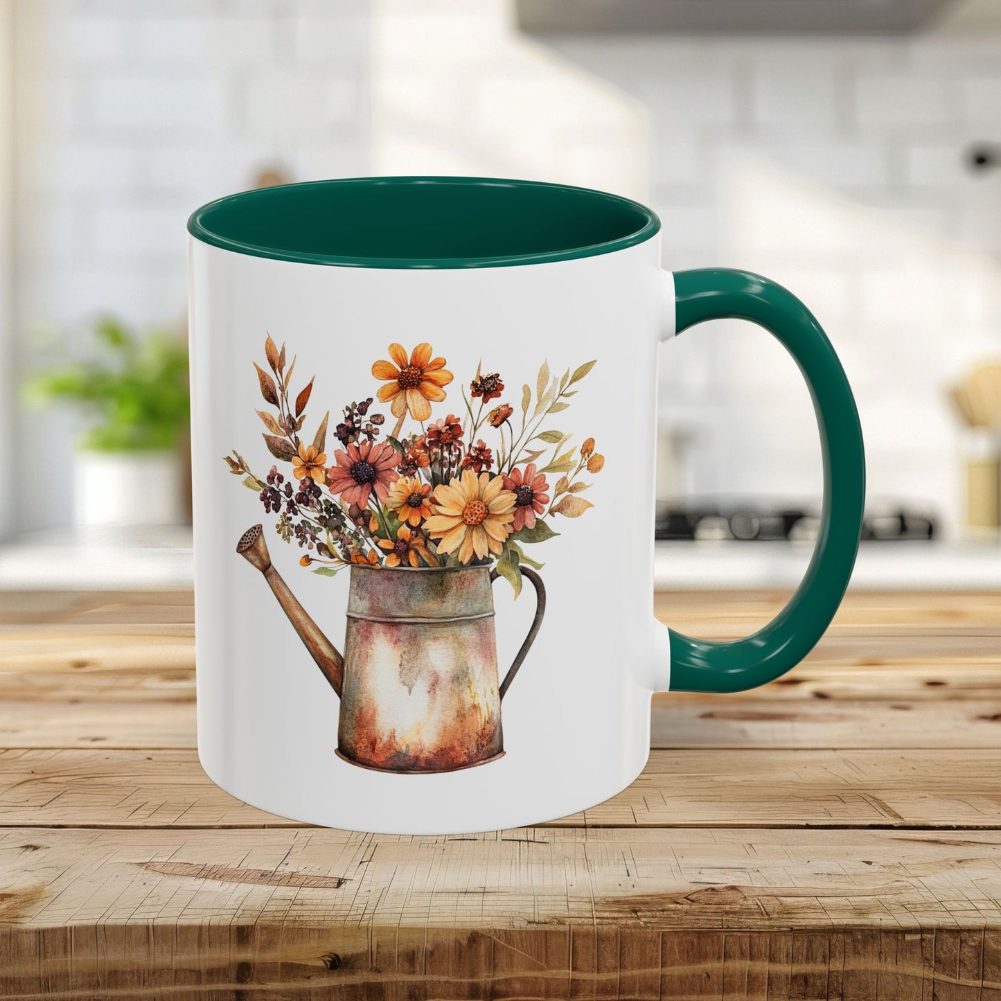 11oz ceramic mug with green interior/handle, featuring a watercolor rustic watering can with autumn florals.