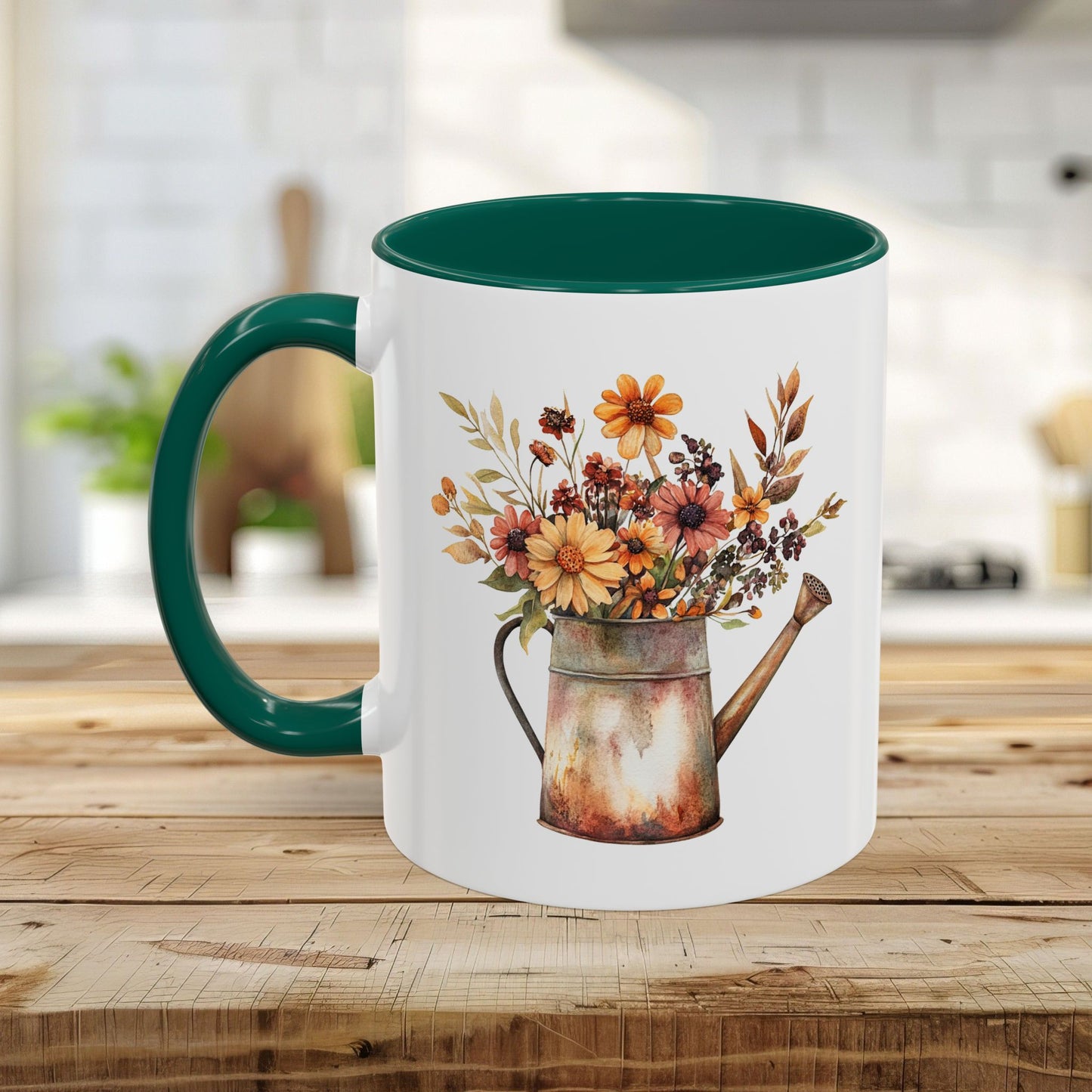 Ceramic mug with a rustic watercolor watering can overflowing with autumn florals, featuring a green handle and interior.