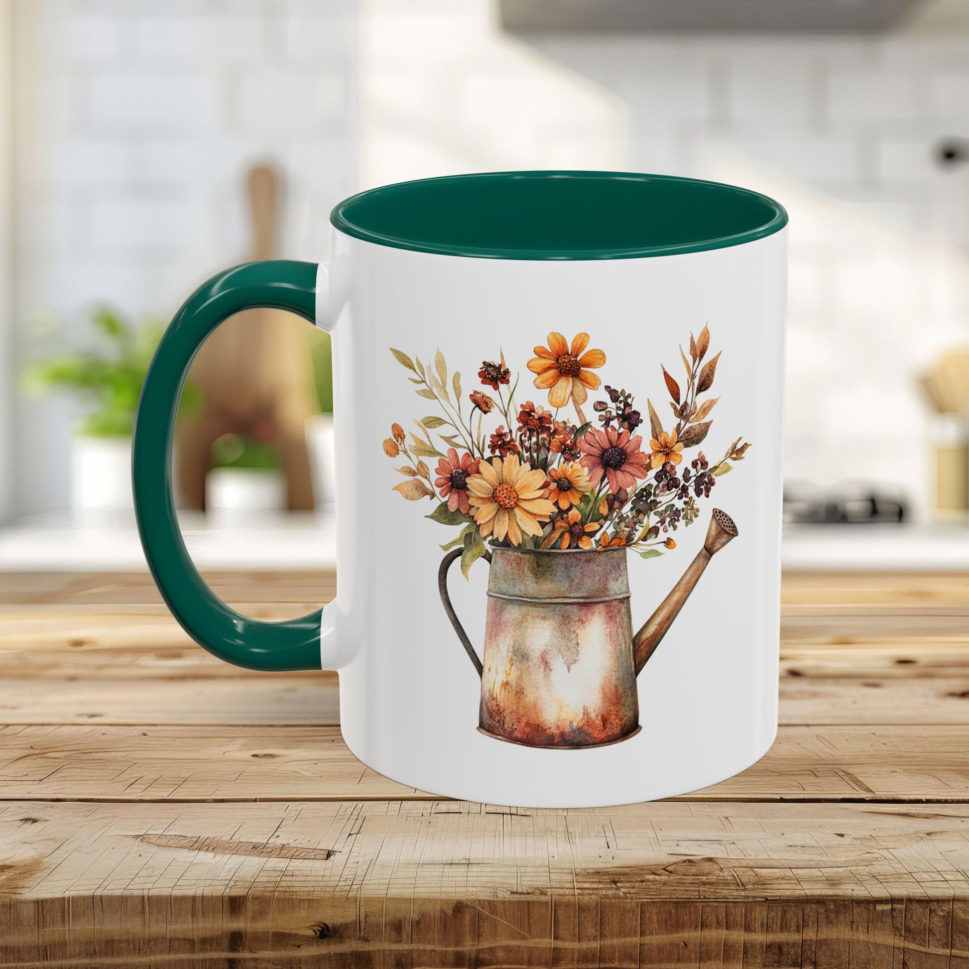 Ceramic mug with a rustic watercolor watering can overflowing with autumn florals, featuring a green handle and interior.