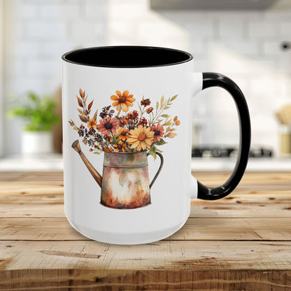 15oz ceramic mug with a black interior/handle and a watercolor rustic autumn floral watering can design.