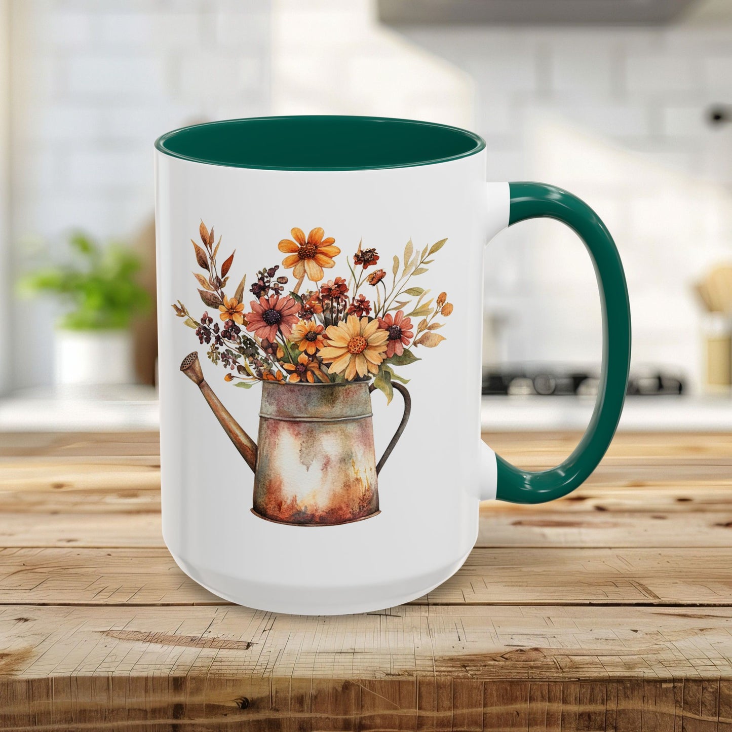 15oz white ceramic mug with green interior/handle, featuring rustic autumn floral watercolor in a watering can.