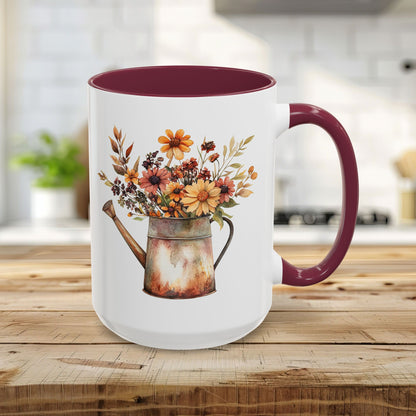 15oz ceramic mug with maroon interior/handle and rustic autumn floral watering can watercolor design.
