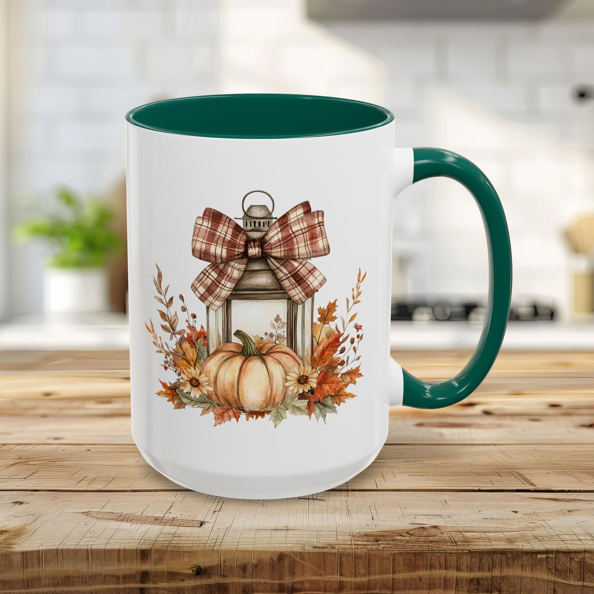 15oz white ceramic mug with green interior/handle, featuring a rustic lantern, plaid bow, pumpkin, and fall foliage.