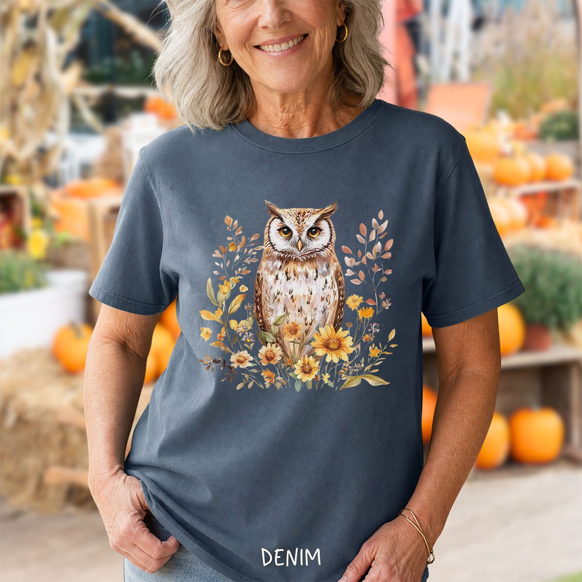 Rustic Autumn Owl Floral T-Shirt