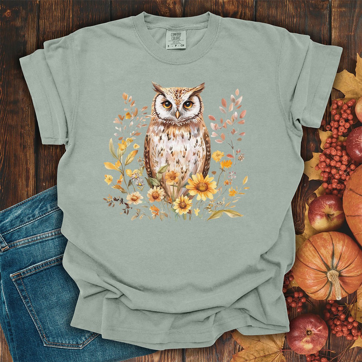 Rustic Autumn Owl Floral T-Shirt