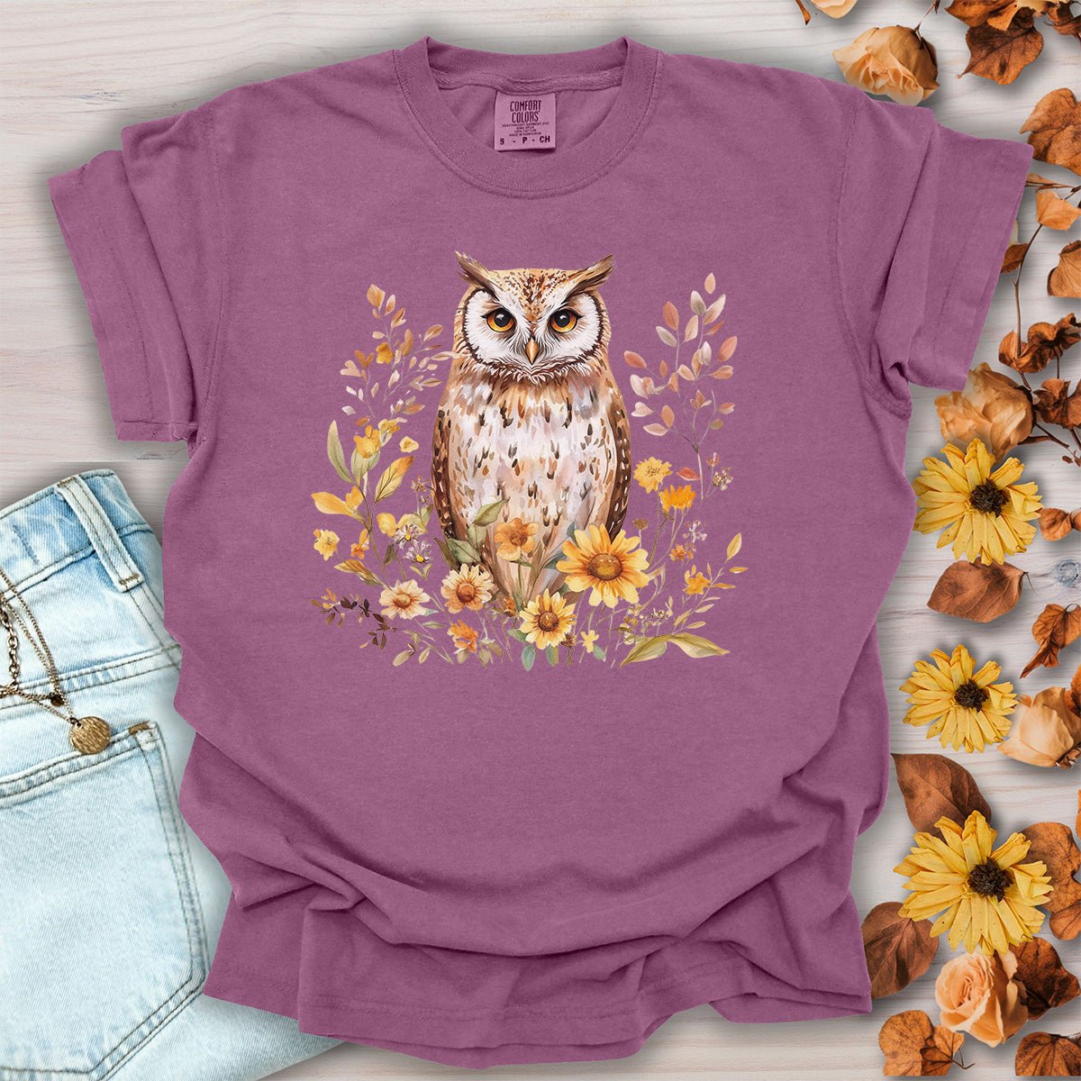 Rustic Autumn Owl Floral T-Shirt