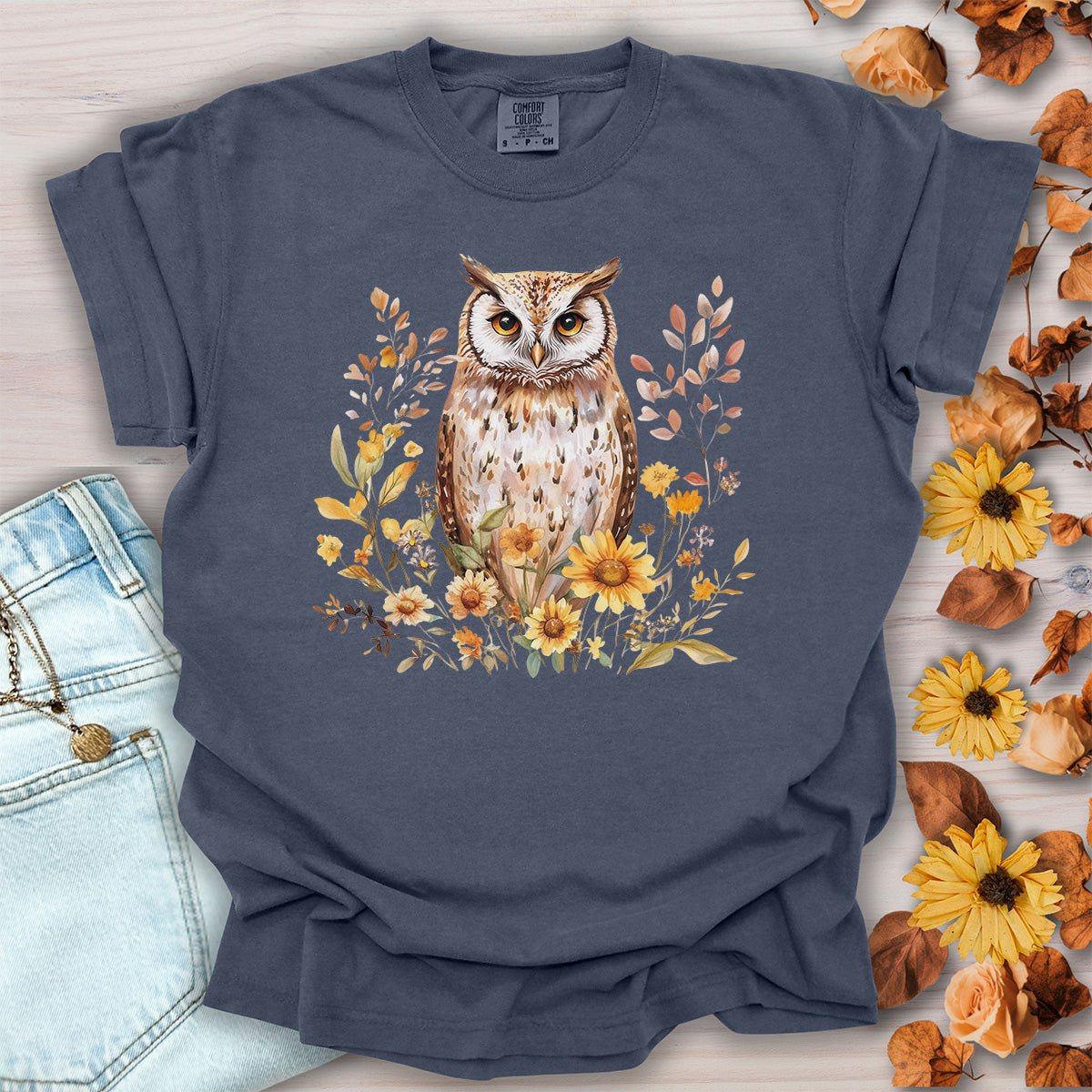 Rustic Autumn Owl Floral T-Shirt