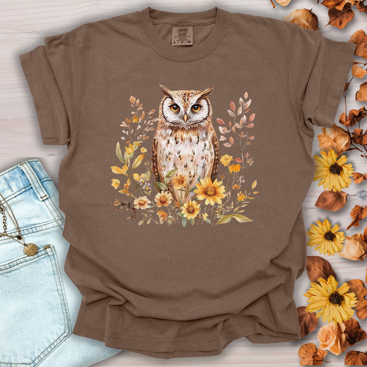 Rustic Autumn Owl Floral T-Shirt