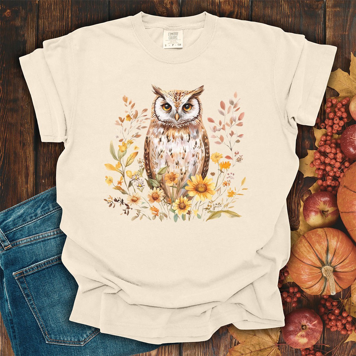 Rustic Autumn Owl Floral T-Shirt