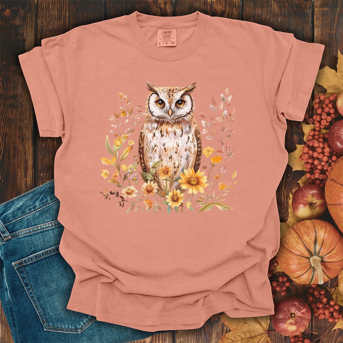 Rustic Autumn Owl Floral T-Shirt