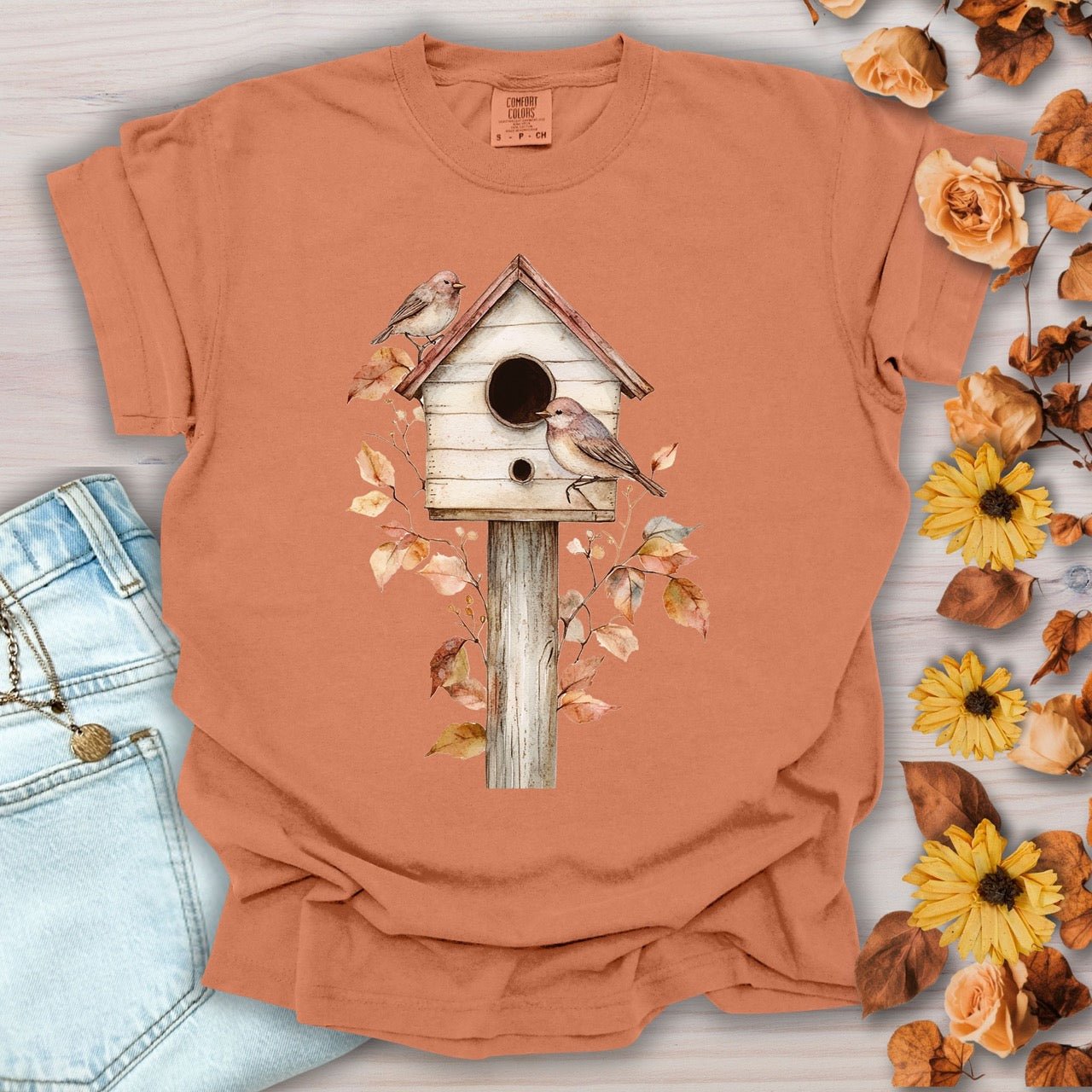 Rustic Birdhouse & Fall Leaves T-Shirt