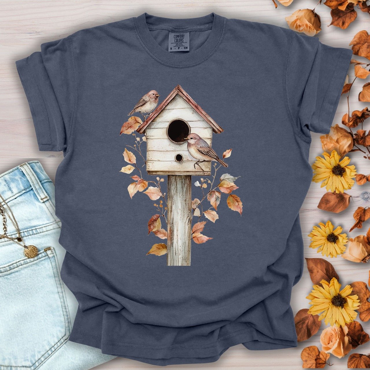 Rustic Birdhouse & Fall Leaves T-Shirt