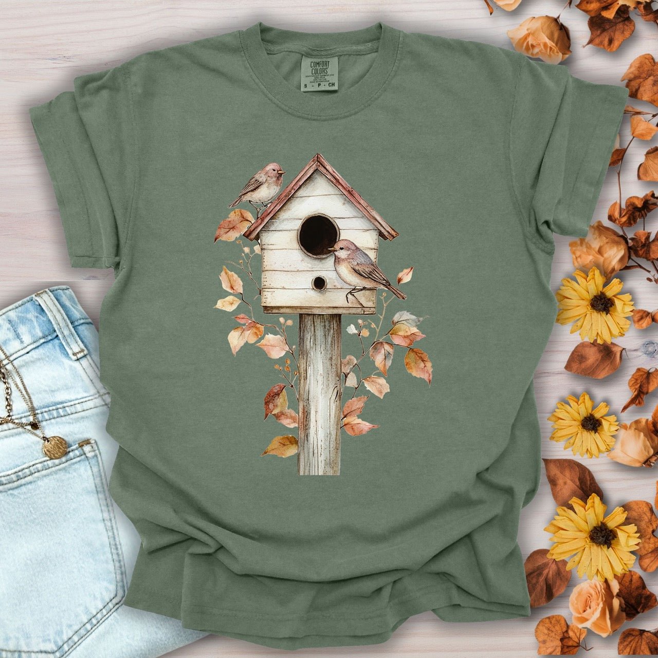 Rustic Birdhouse & Fall Leaves T-Shirt