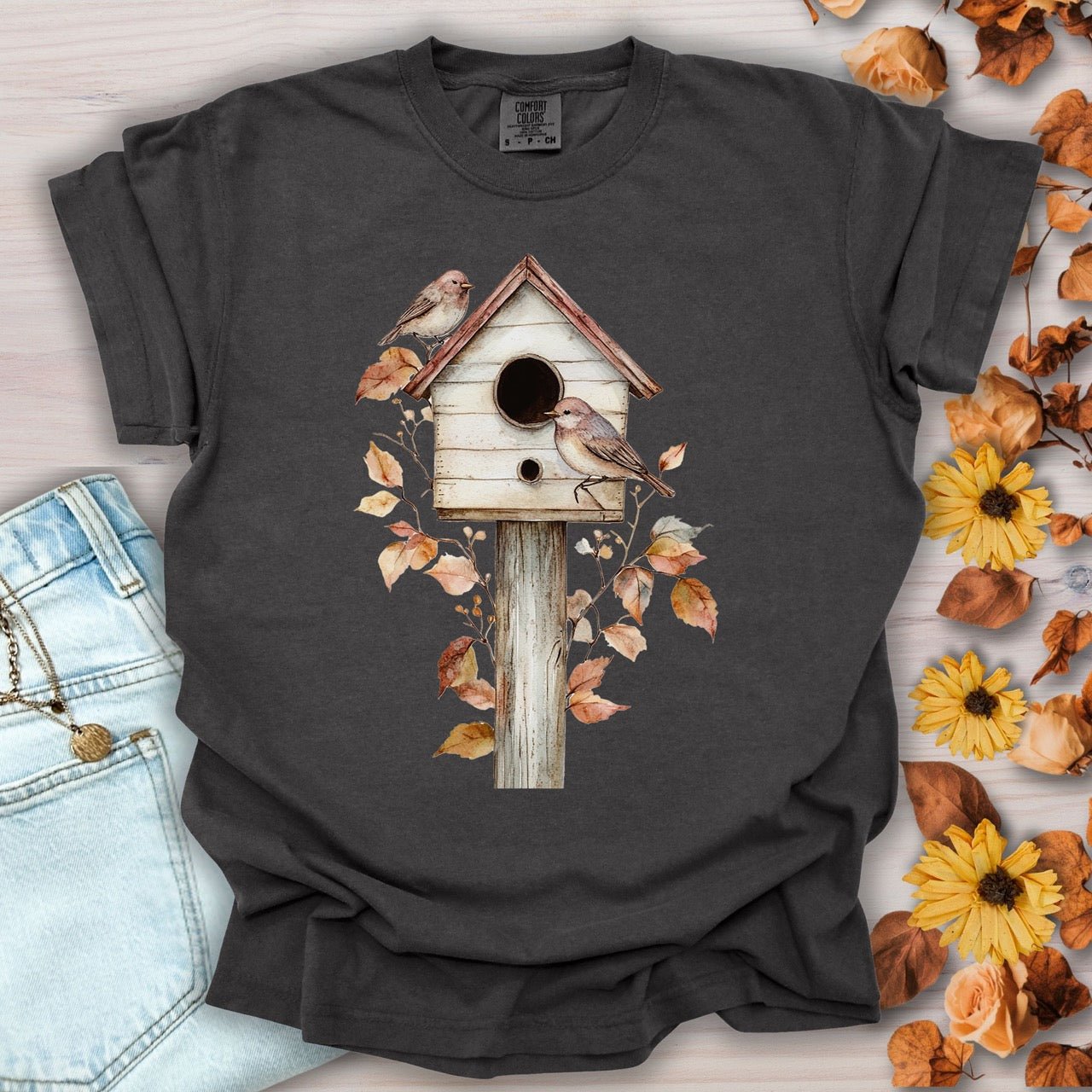Rustic Birdhouse & Fall Leaves T-Shirt
