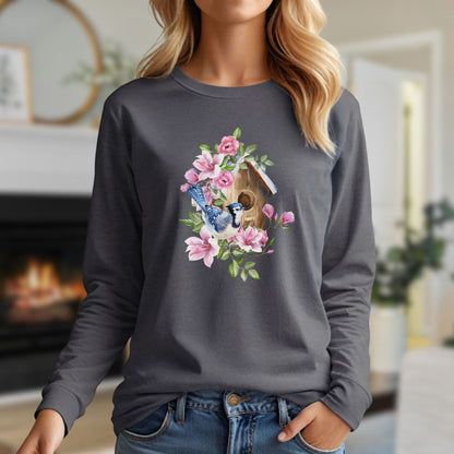 Rustic Birdhouse with Blue Jay & Flowers Long Sleeve Tee