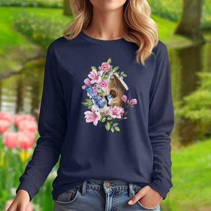Rustic Birdhouse with Blue Jay & Flowers Long Sleeve Tee