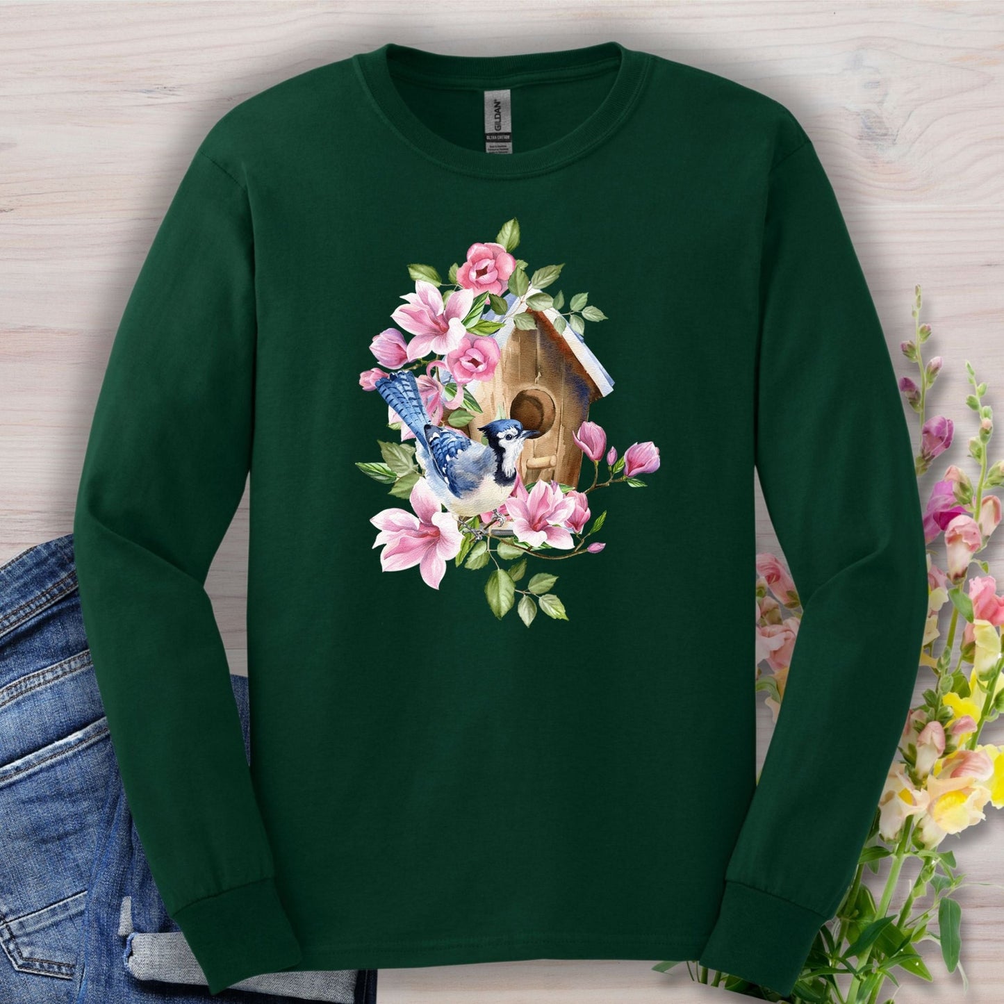 Rustic Birdhouse with Blue Jay & Flowers Long Sleeve Tee