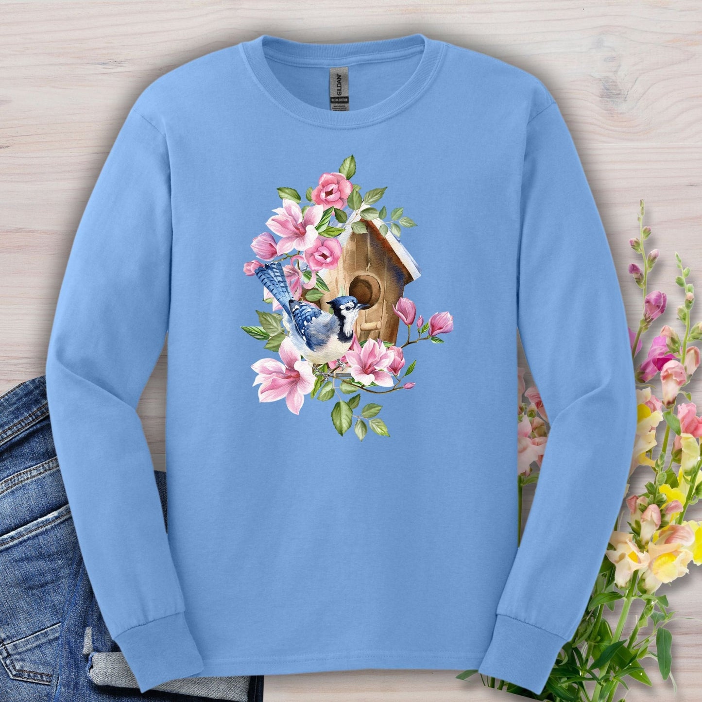 Rustic Birdhouse with Blue Jay & Flowers Long Sleeve Tee
