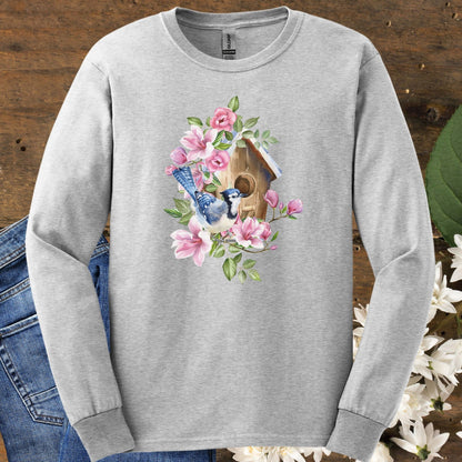 Rustic Birdhouse with Blue Jay & Flowers Long Sleeve Tee