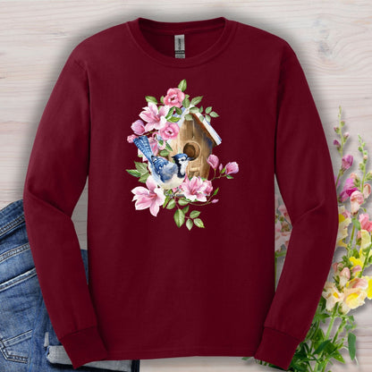 Rustic Birdhouse with Blue Jay & Flowers Long Sleeve Tee