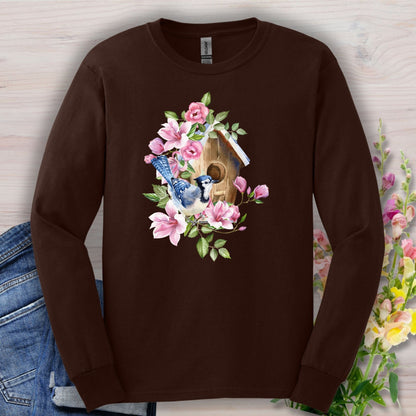 Rustic Birdhouse with Blue Jay & Flowers Long Sleeve Tee