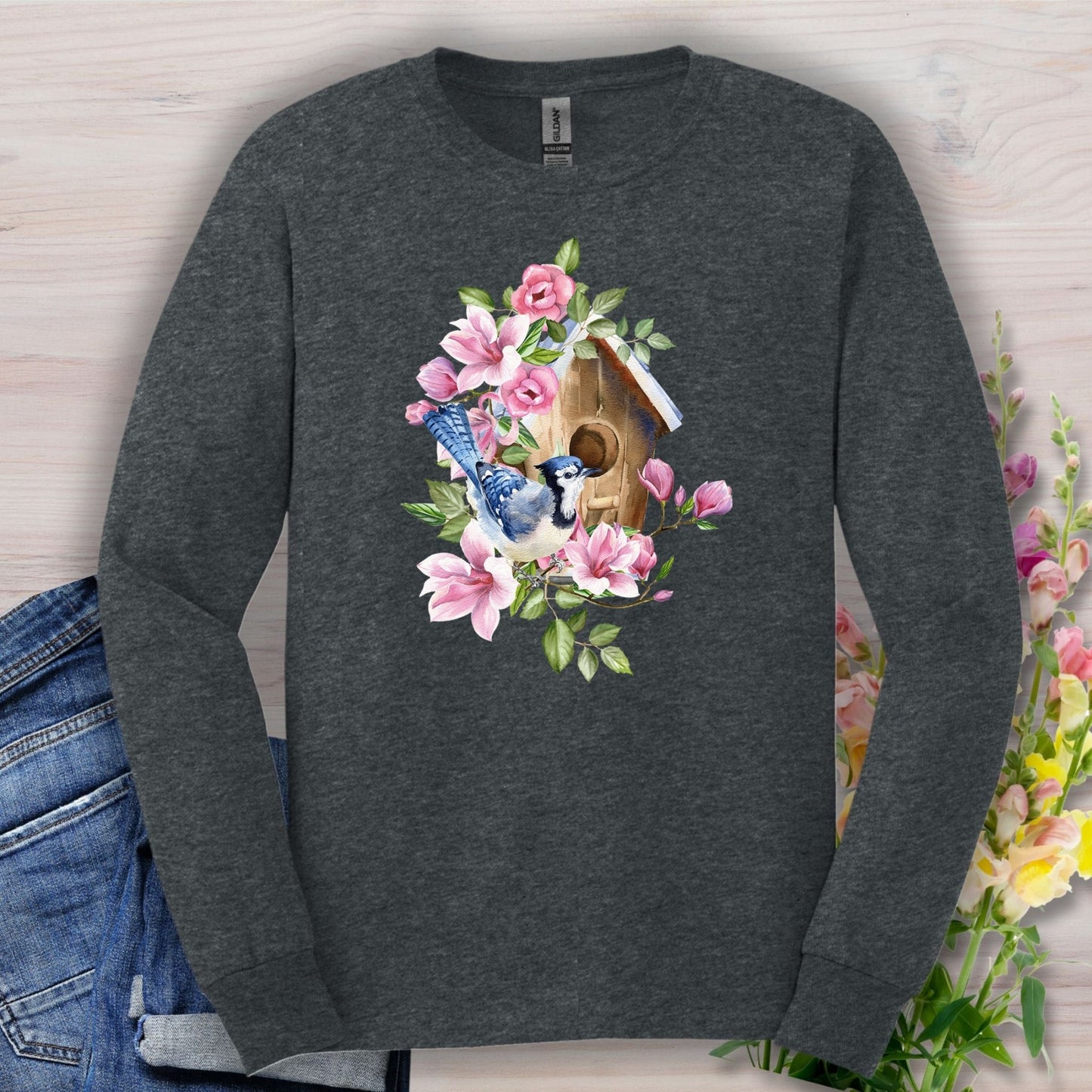Rustic Birdhouse with Blue Jay & Flowers Long Sleeve Tee