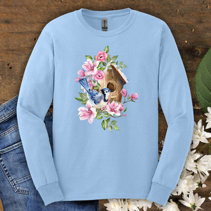 Rustic Birdhouse with Blue Jay & Flowers Long Sleeve Tee