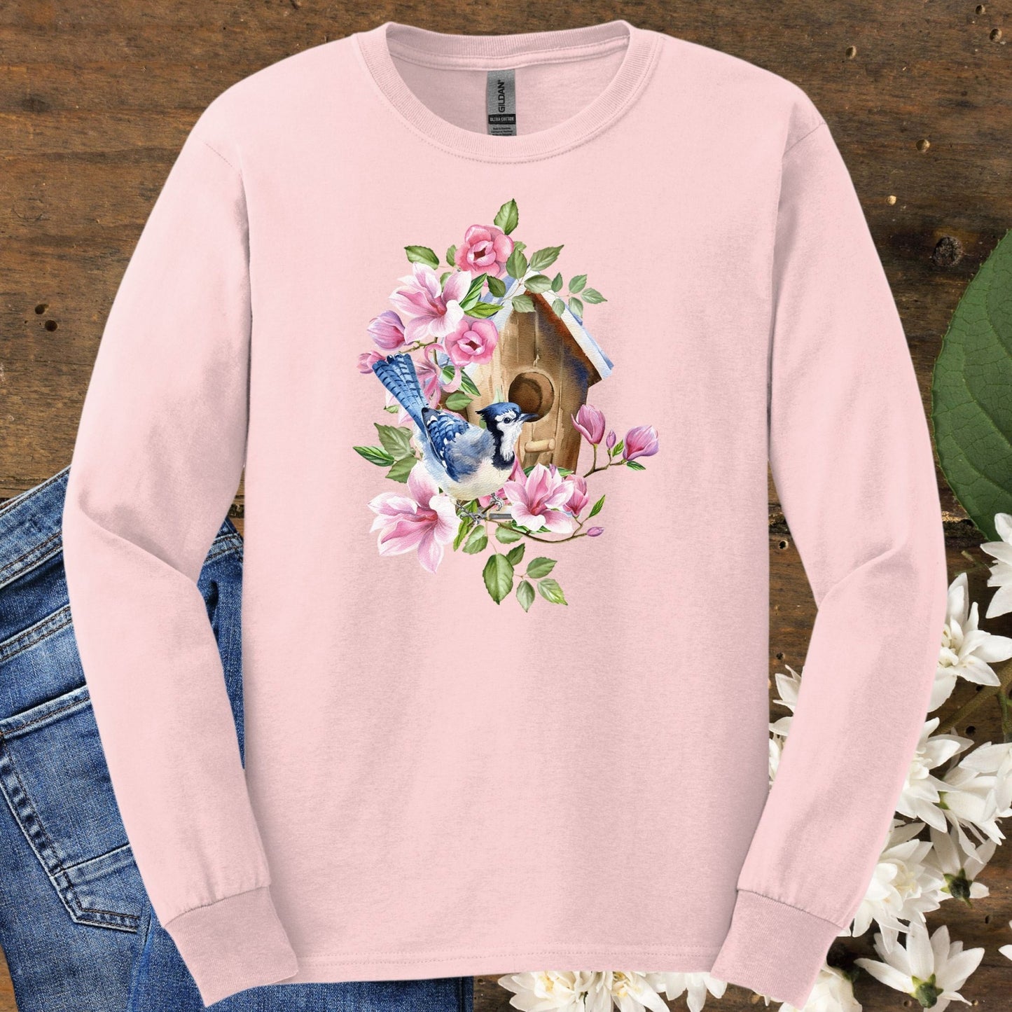 Rustic Birdhouse with Blue Jay & Flowers Long Sleeve Tee