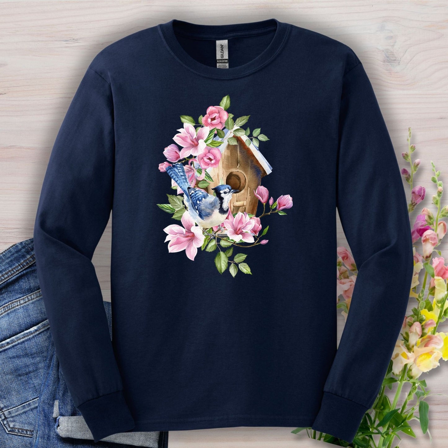 Rustic Birdhouse with Blue Jay & Flowers Long Sleeve Tee