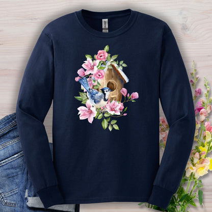 Rustic Birdhouse with Blue Jay & Flowers Long Sleeve Tee
