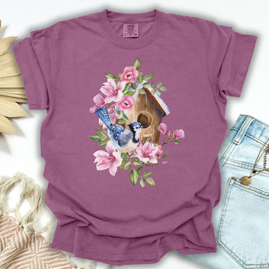 Rustic Birdhouse with Blue Jay T-Shirt