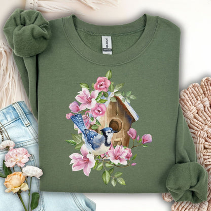 Rustic Birdhouse with Blue Jay and Flowers Sweatshirt