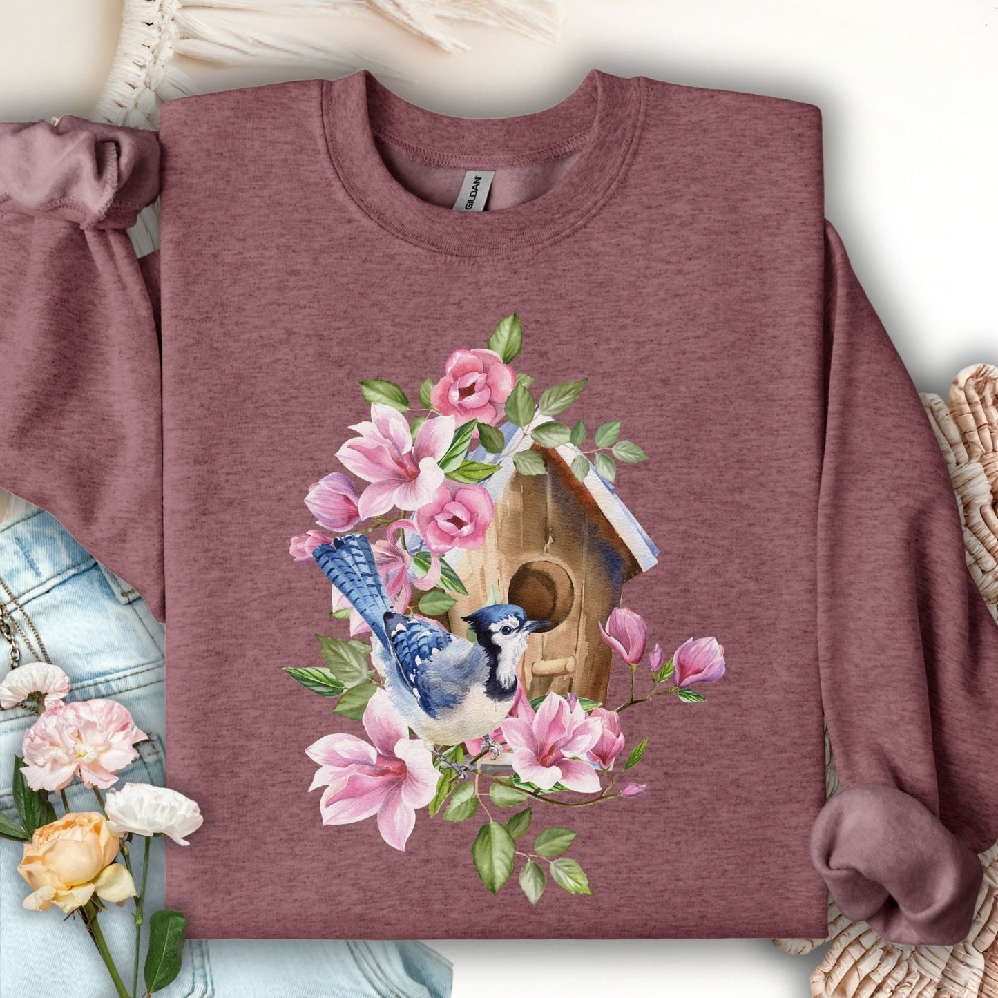 Rustic Birdhouse with Blue Jay and Flowers Sweatshirt