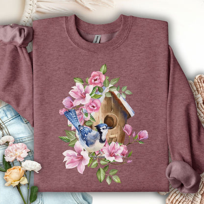 Rustic Birdhouse with Blue Jay and Flowers Sweatshirt