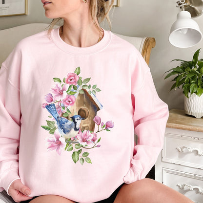 Rustic Birdhouse with Blue Jay and Flowers Sweatshirt