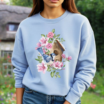 Rustic Birdhouse with Blue Jay and Flowers Sweatshirt